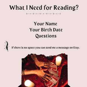 Puede incluir: Imagen con texto: "What I Need for Reading?" seguido de "Your Name, Your Birth Date, Questions." La imagen tambi&eacute;n incluye un par de manos, cartas del tarot y velas encendidas sobre una tela roja.