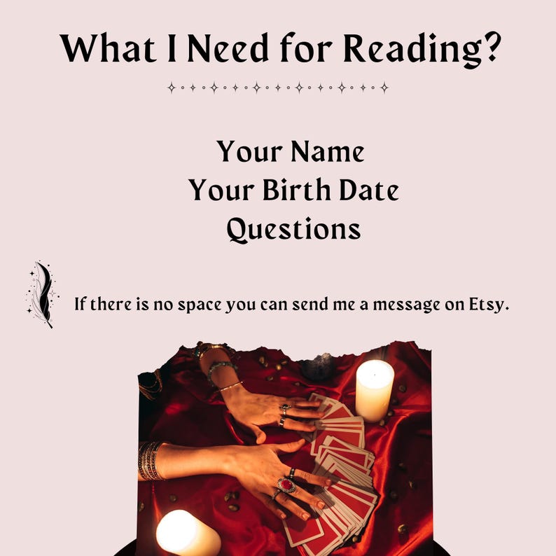 Puede incluir: Imagen con texto: "What I Need for Reading?" seguido de "Your Name, Your Birth Date, Questions." La imagen tambi&eacute;n incluye un par de manos, cartas del tarot y velas encendidas sobre una tela roja.