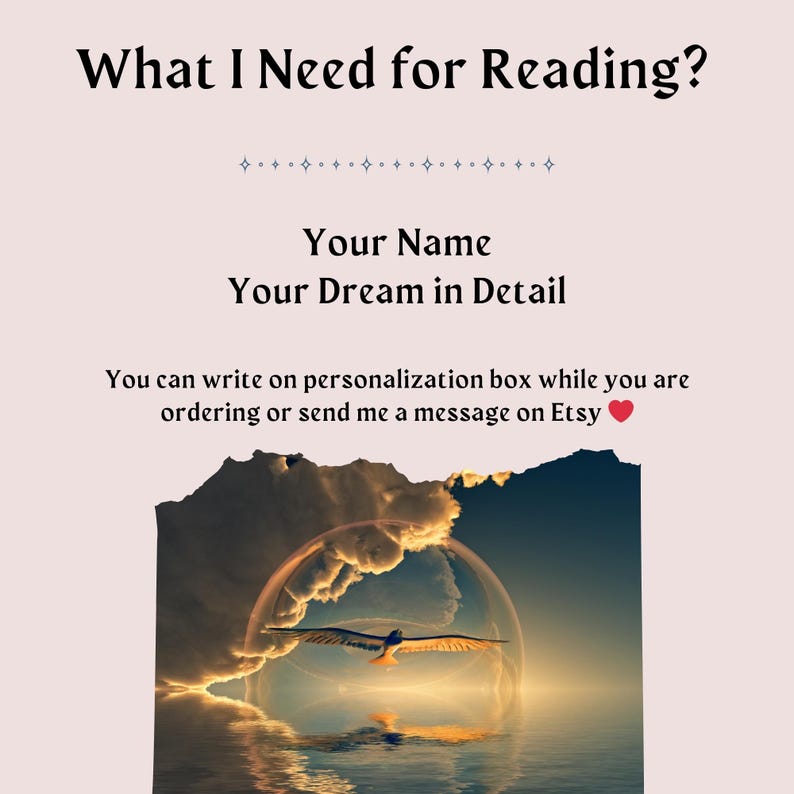 May include: A light pink background with the text "What I Need for Reading?" and "Your Name, Your Dream in Detail." The image includes a graphic of a bird flying inside a bubble over water.