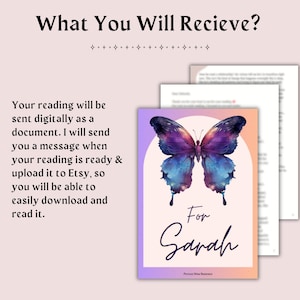 Peut inclure: Un document num&eacute;rique avec le texte What You Will Recieve? et des instructions de t&eacute;l&eacute;chargement. Le graphique pr&eacute;sente un grand papillon aux ailes aquarelles violettes, bleues et orange au-dessus du texte For Sarah et Psychic Mira Readings.