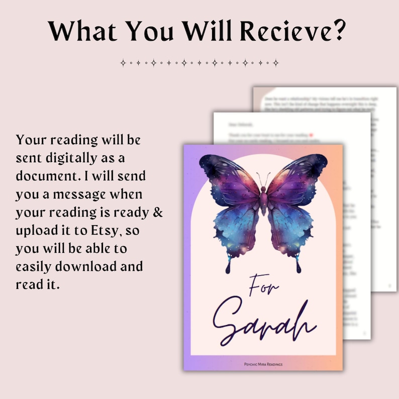 Peut inclure: Un document num&eacute;rique avec le texte What You Will Recieve? et des instructions de t&eacute;l&eacute;chargement. Le graphique pr&eacute;sente un grand papillon aux ailes aquarelles violettes, bleues et orange au-dessus du texte For Sarah et Psychic Mira Readings.