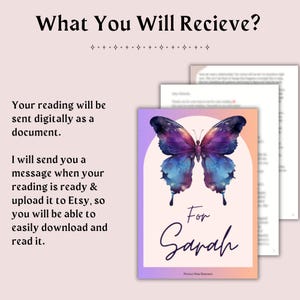 Puede incluir: Un documento digital con un dise&ntilde;o de mariposa en acuarela en tonos morados y azules, con el texto "For Sarah". El documento se env&iacute;a digitalmente y est&aacute; disponible para su descarga en Etsy.