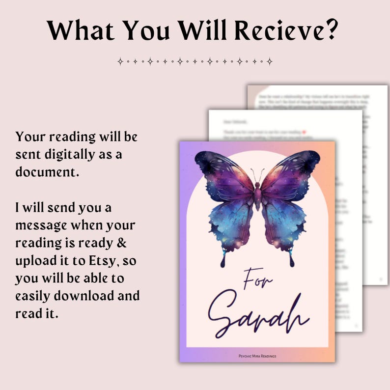 Puede incluir: Un documento digital con un dise&ntilde;o de mariposa en acuarela en tonos morados y azules, con el texto "For Sarah". El documento se env&iacute;a digitalmente y est&aacute; disponible para su descarga en Etsy.
