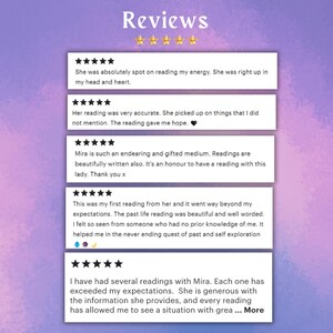 May include: Five customer reviews with five stars each. The reviews are positive and highlight the accuracy and helpfulness of the readings. The reviews mention the reader's ability to pick up on things not mentioned and provide hope. The reader is described as endearing, gifted, and an honor to have a reading with. The reviews also mention the reader's ability to provide past life readings that are beautiful and well-worded.