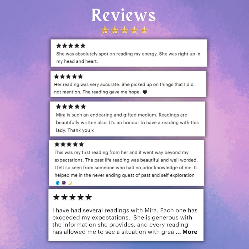 May include: Five customer reviews with five stars each. The reviews are positive and highlight the accuracy and helpfulness of the readings. The reviews mention the reader's ability to pick up on things not mentioned and provide hope. The reader is described as endearing, gifted, and an honor to have a reading with. The reviews also mention the reader's ability to provide past life readings that are beautiful and well-worded.