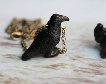 Collier raven : corbeau corvidae corneille black noir céramique