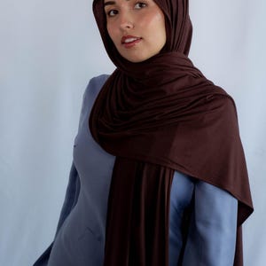 K&ouml;nnte beinhalten: Eine Frau tr&auml;gt ein braunes Jersey-Hijab. Das Hijab ist &uuml;ber Kopf und Schultern gelegt, und sie tr&auml;gt ein hellblaues Hemd.