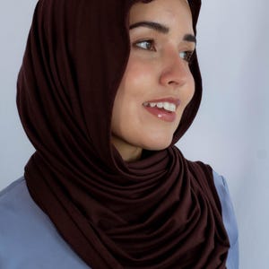 K&ouml;nnte beinhalten: Ein braunes Jersey-Hijab, getragen von einer Person mit braunen Augen und einem hellblauen Hemd.