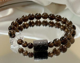 Smoky Quartz Butterfly Bracelet with Engraved Obsidian | Vintage Oriental Style, Affordable Handmade Gift with Free Extras