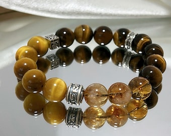 Yellow Phantom Quartz Tiger Eye Bracelet for Men | 12mm Bold Crystal Bracelet for Luck Protection Energy | Gift for Him