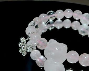 Kawaii Rose Quartz Bracelet – Star Rose Quartz Kitty Charm | Clear Quartz Healing Crystal Gift for Her
