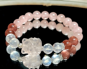 Ultra high-grade Madagascar peach pink Rose Quartz strawberry quartz, moonstone, and a rose quartz fox charm 8mm handmade bracelet gift