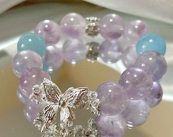 Lavender Amethyst & Aquamarine Crystal Bracelet | Butterfly Charm | Dreamy Healing Gift for Her