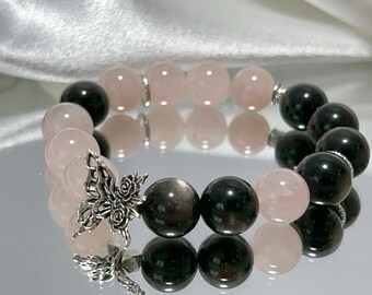 Silver Obsidian and Rose Quartz Bracelet – 12mm Natural Crystal Beads – Love and Protection Energy – Gift for Her
