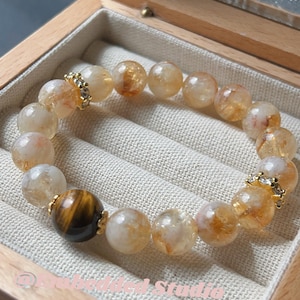 Golden Rutilated Quartz & Tiger Eye Bracelet | Wealth Luck Energy Crystal | Handmade Citrine Tower Bracelet Gift for Her Him