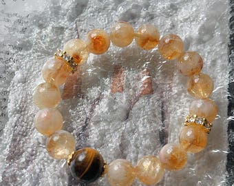 Golden Rutilated Quartz & Tiger Eye Bracelet | Wealth Luck Energy Crystal | Handmade Citrine Tower Bracelet Gift for Her Him