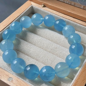 Natural Aquamarine Bracelet 13mm | Calming Blue Crystal Beads | March Birthstone Gift | Healing Bracelet for Her