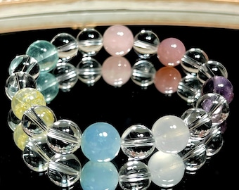 Natural Crystal Bracelet | Fluorite Rose Quartz Amethyst Aquamarine Citrine | Healing Energy Gift | Clear Quartz Bracelet