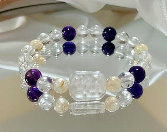 Ultra high-grade 7a rock quartz citrine amethyst flower rectangular8mm success, and positivity handmade bracelets gift for him and her