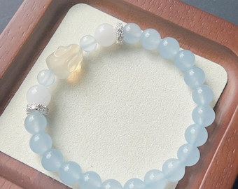 Blue Chalcedony Bunny Bracelet | Cute Crystal Jewelry Gift, Calming Energy, Handmade Charm for Her