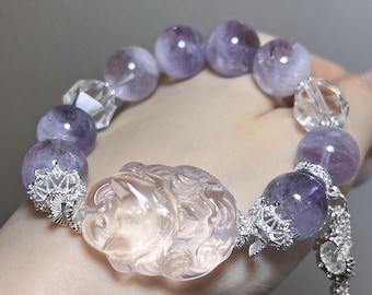 Clear Fox Quartz Bracelet – Purple Rabbit Hair Crystal for Intuition & Protection | Gift for Her