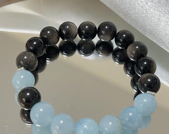 Silver Sheen Obsidian and Aquamarine Bracelet | 10mm Beads | Calming & Protective Gemstone Jewelry | Handmade Gift for Her