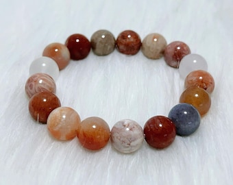 Pulsera de jade y coral natural de 11-12 mm / Cuentas de coral fosilizadas / Pulsera rústica terrosa / Regalo hecho a mano para ella