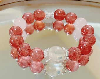 Strawberry Quartz and Rose Quartz Bracelet with Snow Phantom Quartz | Sweet Love Energy Bracelet | Gift for Her | Handmade Crystal Jewelry