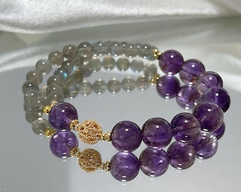 Amethyst Rutilated Quartz and Gray Moonstone Bracelet – Natural Healing Crystal Jewelry for Protection, Meditation & Gift for Her