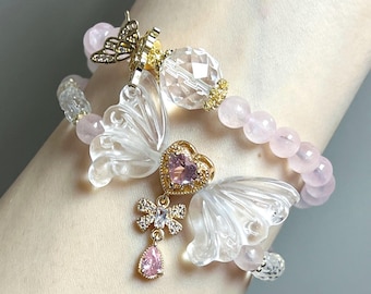 Ultra high-grade 6mm Rose Quartz & Clear Quartz Bracelet love, clarity, and positive energy.handmade bracelets gift for him and her