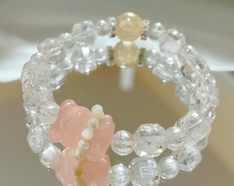 Ultra high-grade 8mm Clear Quartz and Rose Quartz Bear Bracelet – Handmade Love & Peace Gift for Her