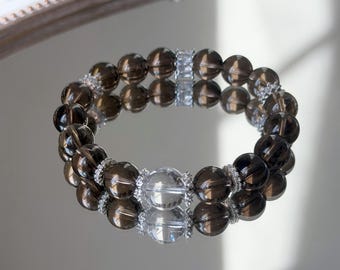 Natural Smoky Quartz and Clear Quartz Bracelet | Modern Jewelry Gift for Her | Fall Gift | Handmade Crystal Bracelet for Balance & Clarity