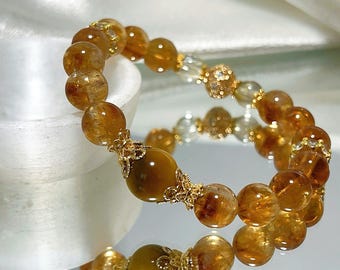 Golden Rutilated Quartz Bracelet with Yellow Phantom Crystal & Tiger Eye – Natural Healing Crystal Jewelry for Wealth, Protection Gift