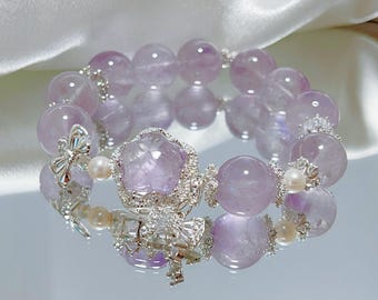 Lavender Ice Amethyst Bracelet | 14-15mm Natural Amethyst with Pearl & Bow Charm | Elegant Healing Crystal Gift for Her
