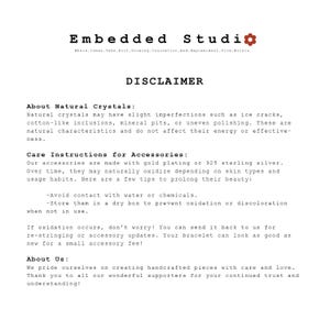 Store policies and gemstone care guide in black and white text.
