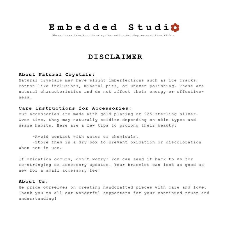 Store policies and gemstone care guide in black and white text.