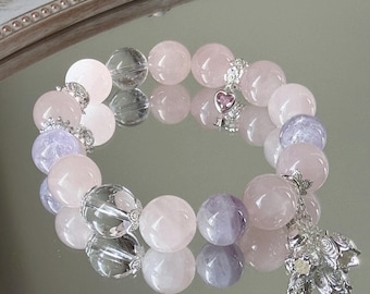 Rose Quartz Lavender Amethyst Bracelet | 12mm Crystal Bracelet | Love Healing Emotional Balance | Handmade Gift for Her