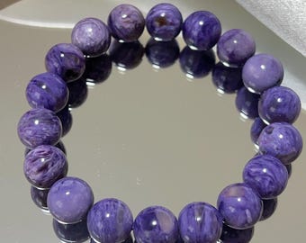 Top Grade Charoite Bracelet – 12mm Rare Purple Crystal, High Vibration Healing Stone, Handmade Gift for Her