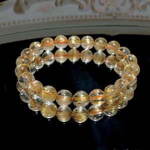 Natural Golden Rutilated Quartz Bracelet 9mm | Ice Clear Titanium Rutiles | Powerful Wealth & Clarity Crystal | One of a Kind Gift for Her**