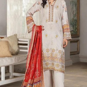 Geborduurd| Gazonpak, 3 stuks| Designerjurk| Gebroken wit| Kant-en-klaar| Pakistaans pak| Zomerjurk| Feestkleding/vrijetijdskleding| Eid-jurk MSL108