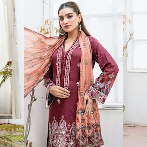 Modern Pakistani Shalwar Kameez - Designer Pakistani Embroidered Lawn 3 Piece Suit