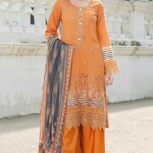 Geborduurd| Gazonpak, 3 stuks| Designerjurk| Oranje| Kant-en-klaar| Pakistaans pak| Zomerjurk| Feestkleding/vrijetijdskleding| Eid-jurk| MSL101