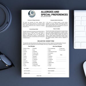 May include: A white allergy and special preferences declaration form with checkboxes for food allergies, non-food allergies, and emergency medical authorisation. The form includes sections for personal responsibility, waiver of liability, and declaration consent.