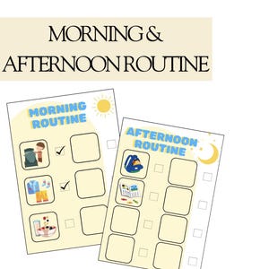Peut inclure: Deux listes de contrôle imprimables pour les routines du matin et de l'après-midi. La liste de contrôle de la routine du matin a une icône de soleil et comprend des illustrations de la mise d'un sac à dos, de l'habillage et du petit-déjeuner. La liste de contrôle de la routine de l'après-midi a une icône de lune et comprend des illustrations de la mise d'un sac à dos, de la lecture d'un livre et de la coloration.