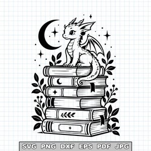 May include: A black and white line art illustration featuring a small dragon perched atop a stack of five books. The scene includes a crescent moon, stars, and leafy branches. The text SVG PNG DXF EPS PDF JPG is printed at the bottom.