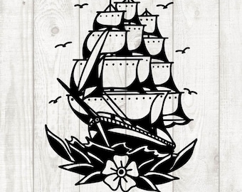 Tatuaje de barco SVG / Diseño de tatuaje náutico SVG / Barco marinero vintage SVG / Descarga digital para Cricut y Silhouette