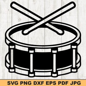 May include: Black and white illustration of a drum with crossed drumsticks. The drum is a cylinder with a dark interior and a light-colored rim. The drumsticks are angled across the top of the drum. The image includes the text: SVG PNG DXF EPS PDF JPG.