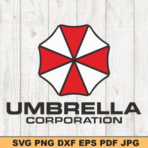 May include: Black and white logo of the Umbrella Corporation. The logo features a red and white umbrella with a black outline. The text "Umbrella Corporation" is below the umbrella.