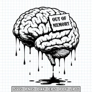 May include: Black and white illustration of a brain with a label that reads "OUT OF MEMORY." The brain appears to be melting, with black drips and a puddle at the bottom. The image is on a grid background.