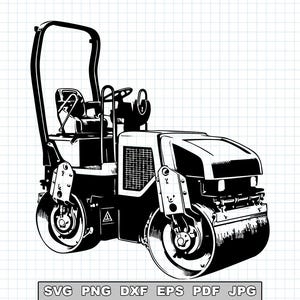 Puede incluir: Ilustración en blanco y negro de un rodillo compactador, un vehículo de construcción utilizado para compactar suelo, grava, hormigón o asfalto. La imagen muestra las ruedas, la cabina y el mango del rodillo. Formatos de archivo: SVG, PNG, DXF, EPS, PDF, JPG.